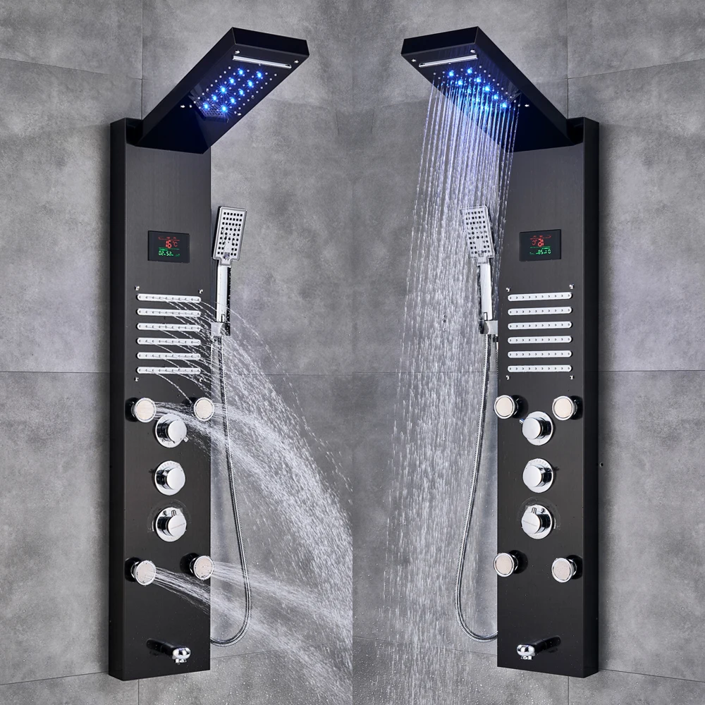 Newly Luxury Black/Brushed Bathroom Shower Faucet LED Shower Panel Column Bathtub Mixer Tap With Hand Shower Temperature Screen