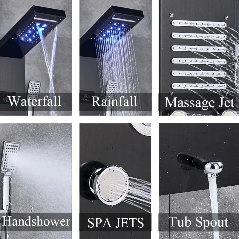 Newly Luxury Black/Brushed Bathroom Shower Faucet LED Shower Panel Column Bathtub Mixer Tap With Hand Shower Temperature Screen
