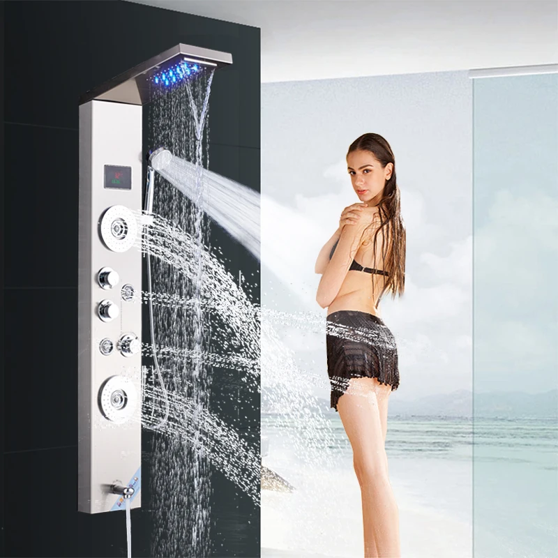 Newly Luxury Black/Brushed Bathroom Shower Faucet LED Shower Panel Column Bathtub Mixer Tap With Hand Shower Temperature Screen