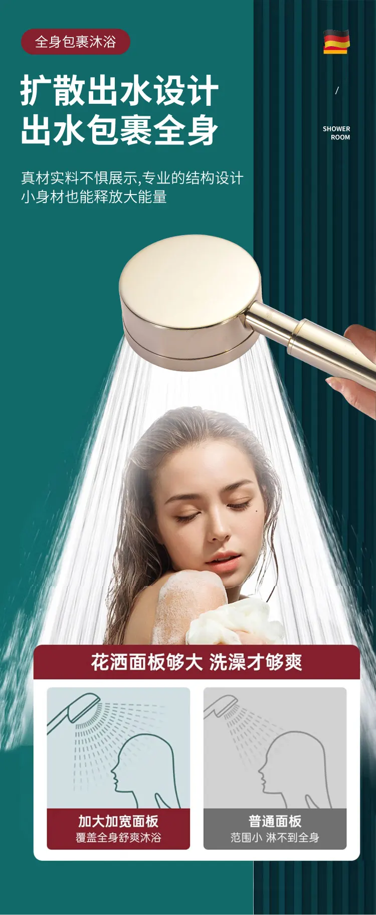 New Golden 304 Stainless Steel High Pressure Water Saving Shower Head Large Flow Handheld Showerhead Set Bathroom Accessories