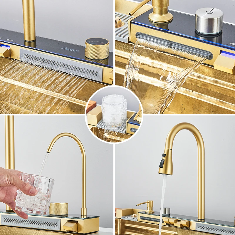 Stainless Steel Kitchen Sink with Faucet 75*45cm Large Single Bowl Digital Display Dish Basin Sink Waterfall Hot Cold Faucets