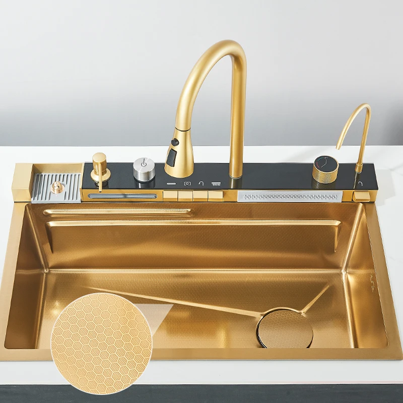 Stainless Steel Kitchen Sink with Faucet 75*45cm Large Single Bowl Digital Display Dish Basin Sink Waterfall Hot Cold Faucets