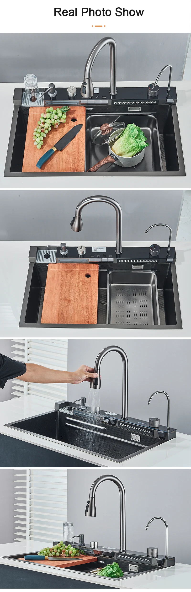 Stainless Steel Kitchen Sink with Faucet 75*45cm Large Single Bowl Digital Display Dish Basin Sink Waterfall Hot Cold Faucets