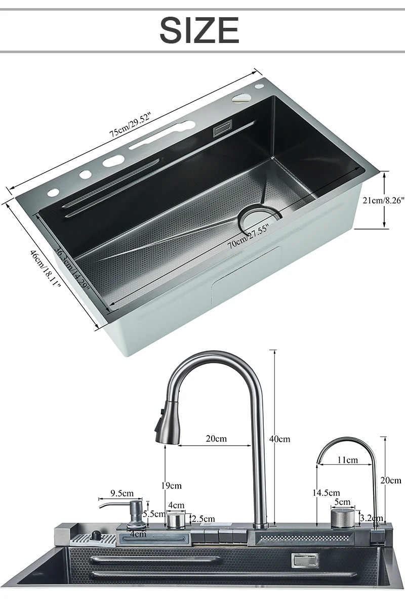 Stainless Steel Kitchen Sink with Faucet 75*45cm Large Single Bowl Digital Display Dish Basin Sink Waterfall Hot Cold Faucets