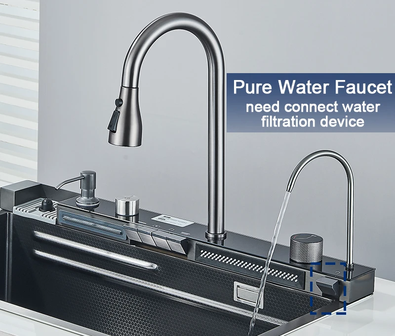 Stainless Steel Kitchen Sink with Faucet 75*45cm Large Single Bowl Digital Display Dish Basin Sink Waterfall Hot Cold Faucets