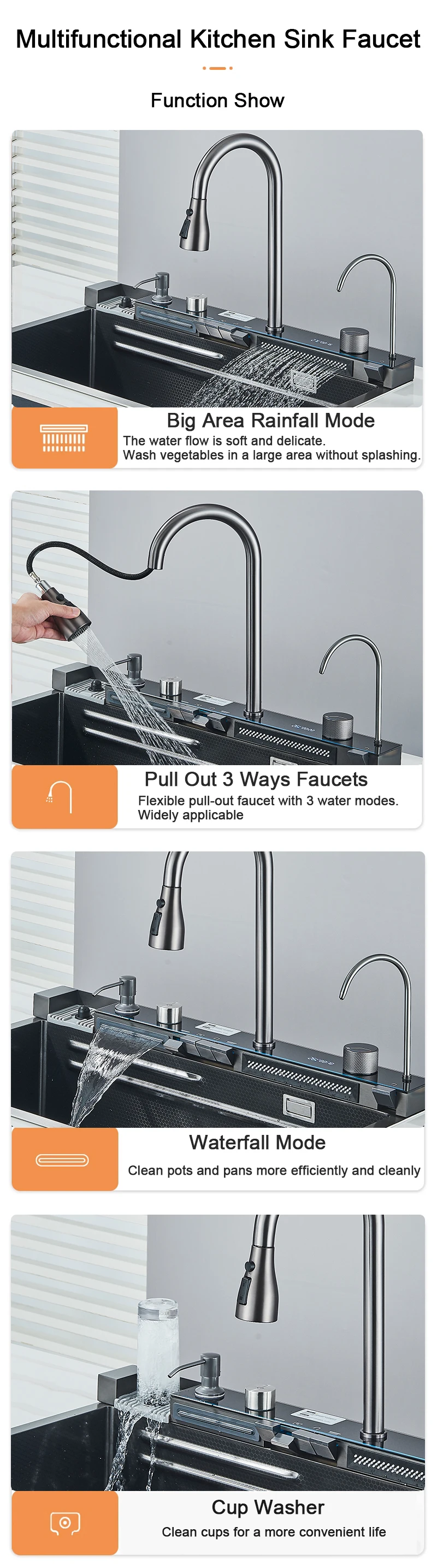 Stainless Steel Kitchen Sink with Faucet 75*45cm Large Single Bowl Digital Display Dish Basin Sink Waterfall Hot Cold Faucets
