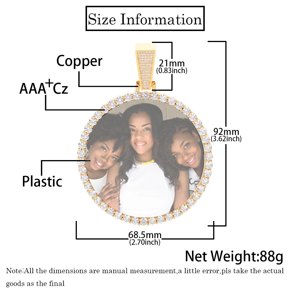 Hip Hop Jewelry Bling CZ Memorial Picture Frames Necklace Personalization Photo Custom 26/35/45/68.5MM Circle Medallions Pendant