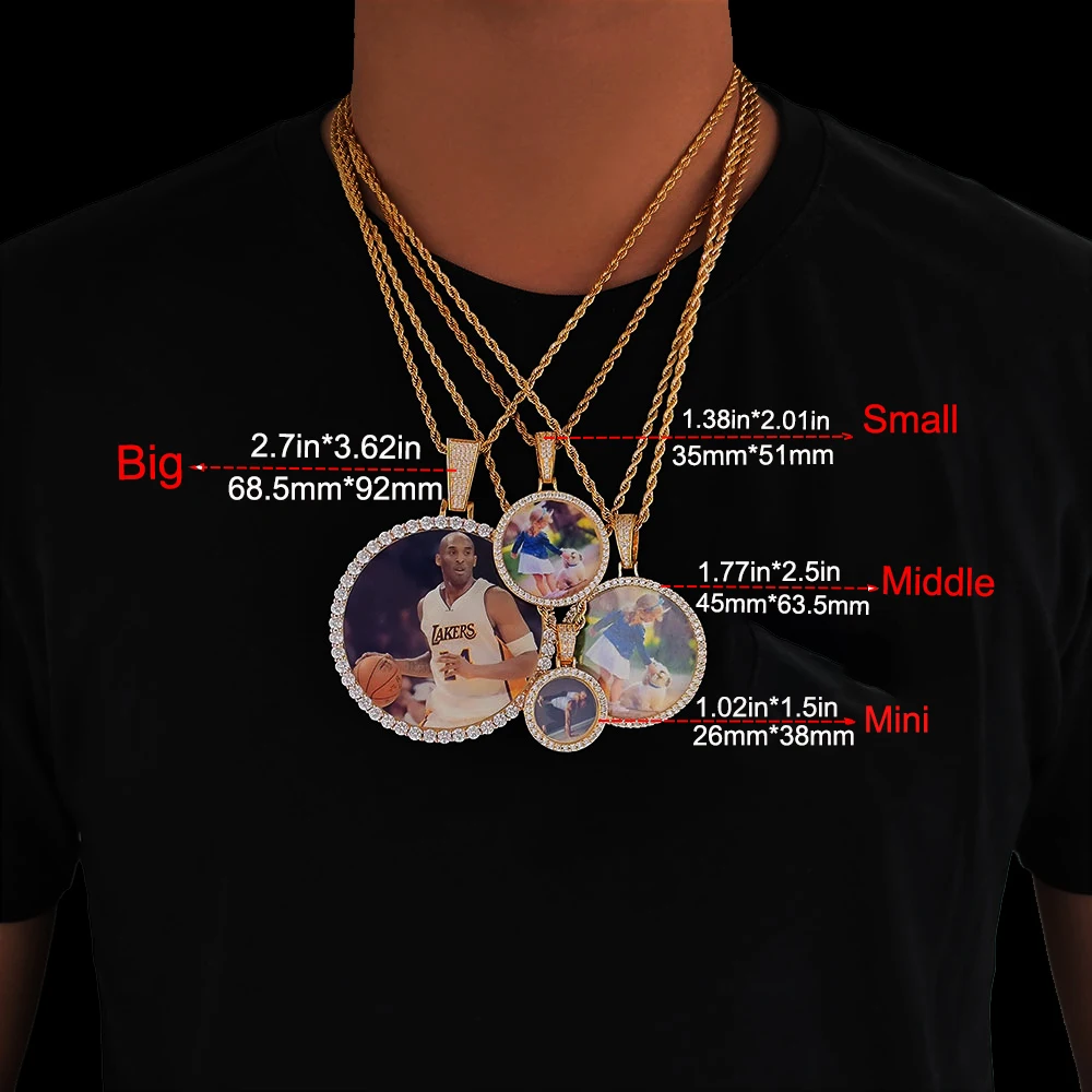 Hip Hop Jewelry Bling CZ Memorial Picture Frames Necklace Personalization Photo Custom 26/35/45/68.5MM Circle Medallions Pendant