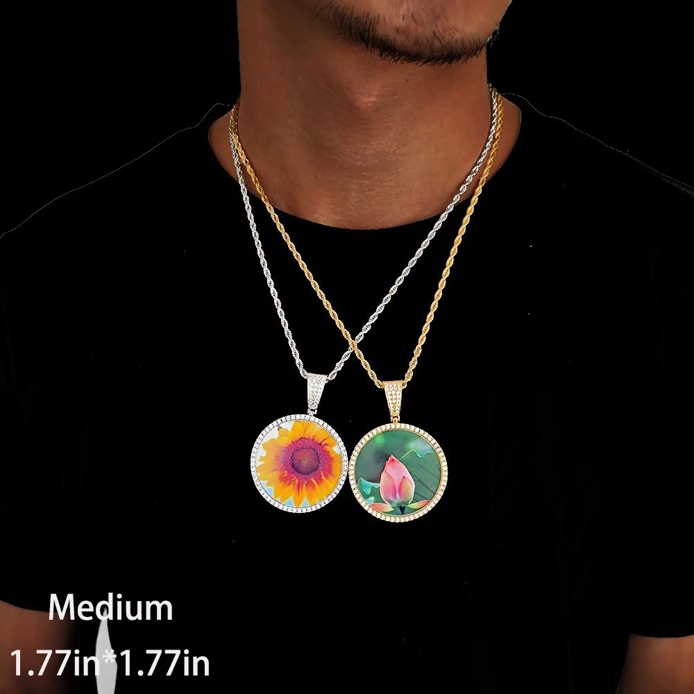Hip Hop Jewelry Bling CZ Memorial Picture Frames Necklace Personalization Photo Custom 26/35/45/68.5MM Circle Medallions Pendant