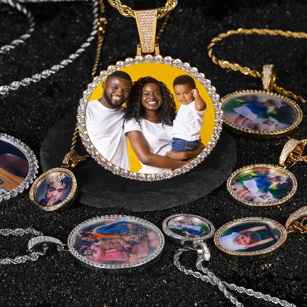 Hip Hop Jewelry Bling CZ Memorial Picture Frames Necklace Personalization Photo Custom 26/35/45/68.5MM Circle Medallions Pendant