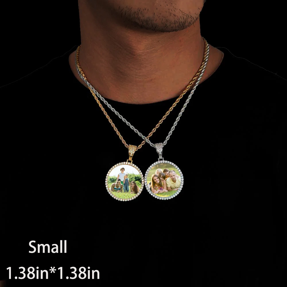 Hip Hop Jewelry Bling CZ Memorial Picture Frames Necklace Personalization Photo Custom 26/35/45/68.5MM Circle Medallions Pendant