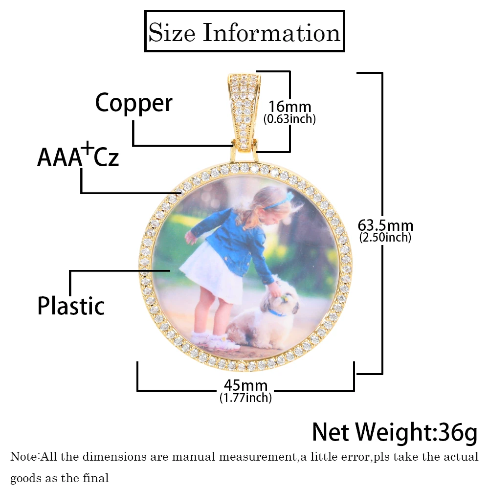 Hip Hop Jewelry Bling CZ Memorial Picture Frames Necklace Personalization Photo Custom 26/35/45/68.5MM Circle Medallions Pendant