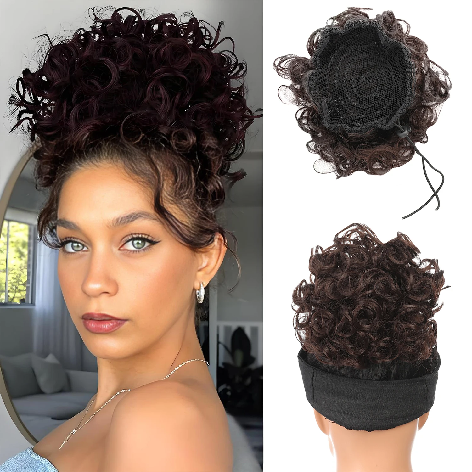 Synthetic Fiber Messy Bun Short Curly Ponytail Extension - Elastic Drawstring Loose Hair Bun Pieces For Women With Thinning Hair