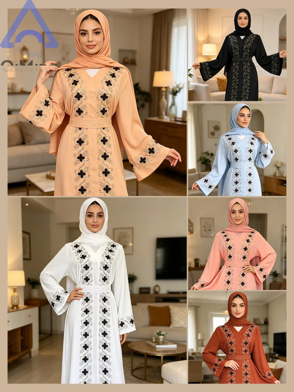 Muslim Diamonds Robe Woman Floral Closed Abaya With Hijab Set Dubai Luxury Arabian Ramadan Dresses Islam Malaysian Prayer Outfit
