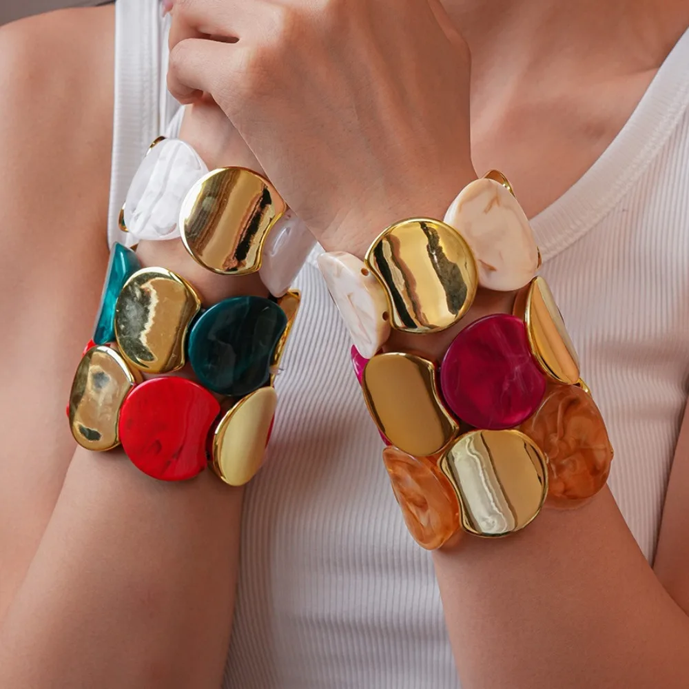 Exaggerated Personality Colored Acrylic Irregular Round Spliced Elastic Bracelets for Women Fashion Temperament Bangle Jewelry