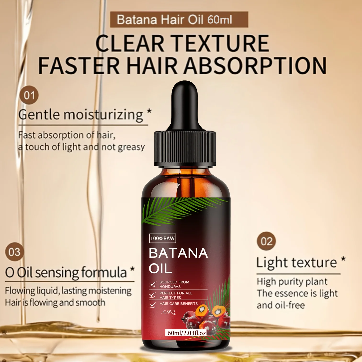 GSWP Batana Oil Hair Oil, Deep Moisturizing, Making It Soft and Shin, Deep Conditioning & Strengthening, Repairing Hair.60/120ml