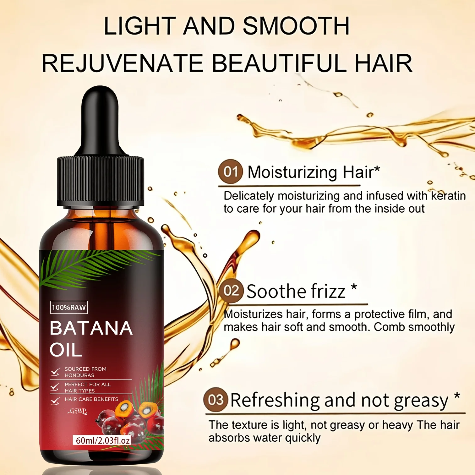 GSWP Batana Oil Hair Oil, Deep Moisturizing, Making It Soft and Shin, Deep Conditioning & Strengthening, Repairing Hair.60/120ml