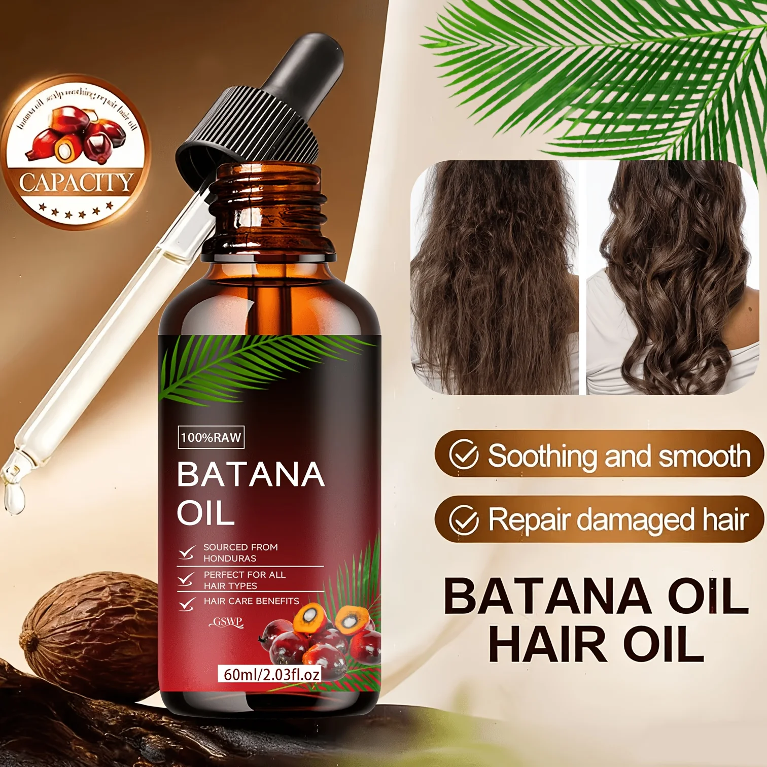 GSWP Batana Oil Hair Oil, Deep Moisturizing, Making It Soft and Shin, Deep Conditioning & Strengthening, Repairing Hair.60/120ml