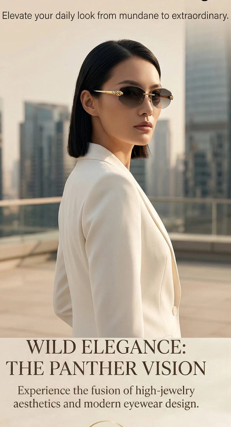 Rimless Hexagon Punk Sunglasses Women 2026 Luxury Designer Gold Leopard Head Outdoor Oval Sun Glasses Female Black Trendy Shades