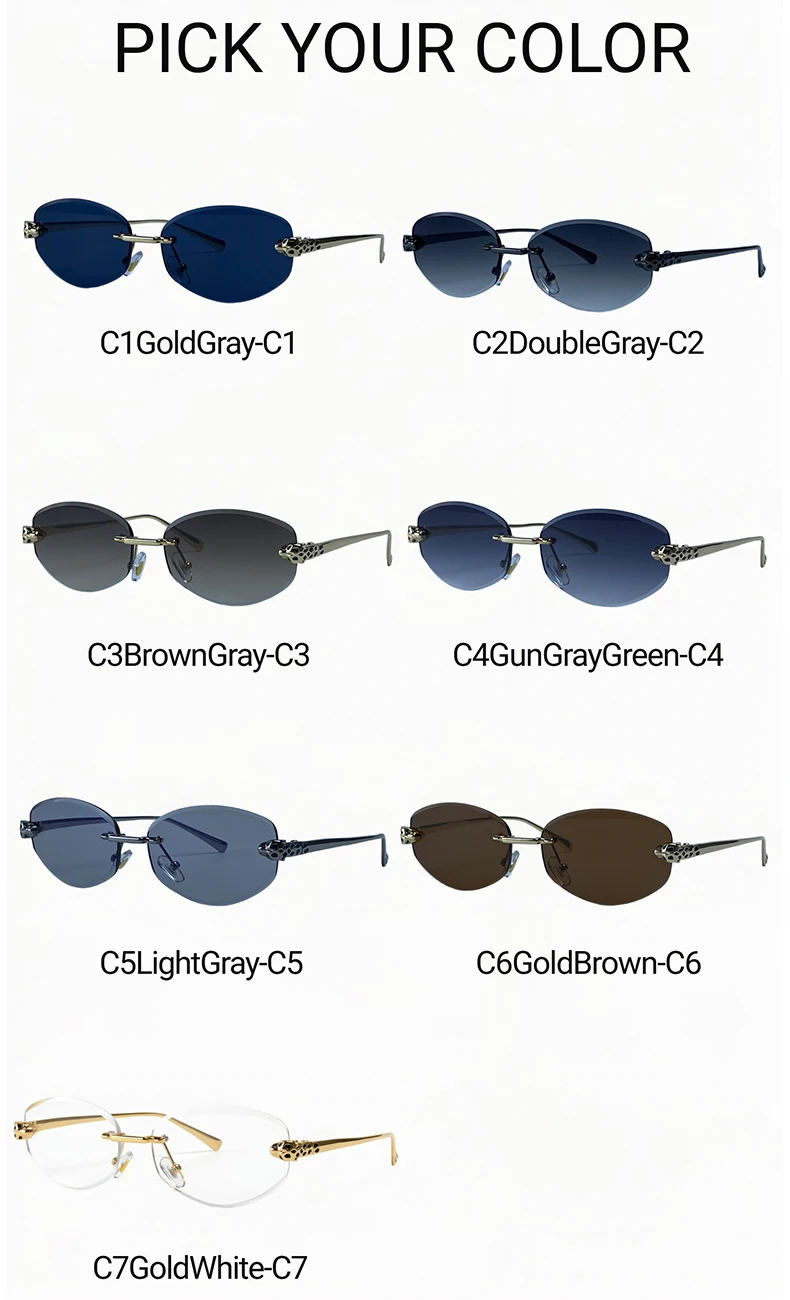 Rimless Hexagon Punk Sunglasses Women 2026 Luxury Designer Gold Leopard Head Outdoor Oval Sun Glasses Female Black Trendy Shades