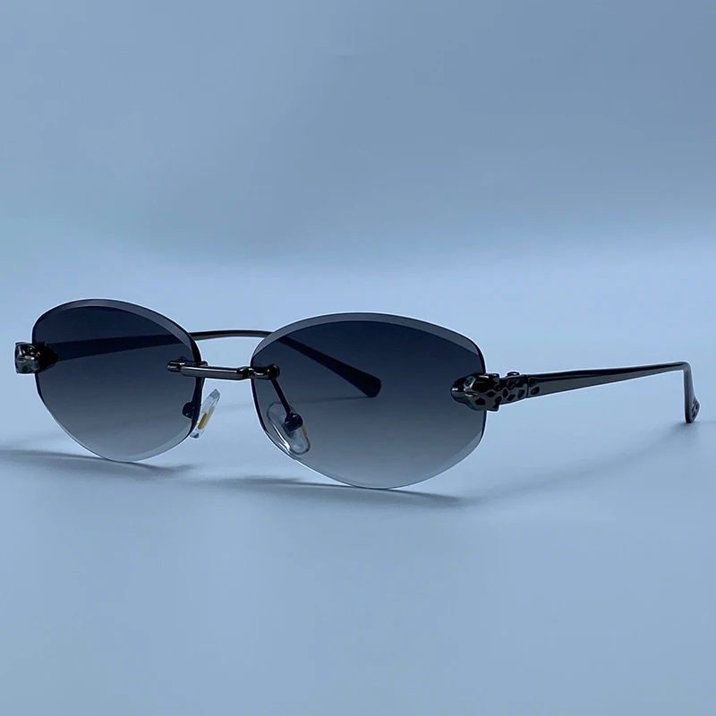 Rimless Hexagon Punk Sunglasses Women 2026 Luxury Designer Gold Leopard Head Outdoor Oval Sun Glasses Female Black Trendy Shades