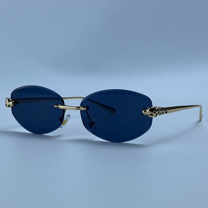 Rimless Hexagon Punk Sunglasses Women 2026 Luxury Designer Gold Leopard Head Outdoor Oval Sun Glasses Female Black Trendy Shades