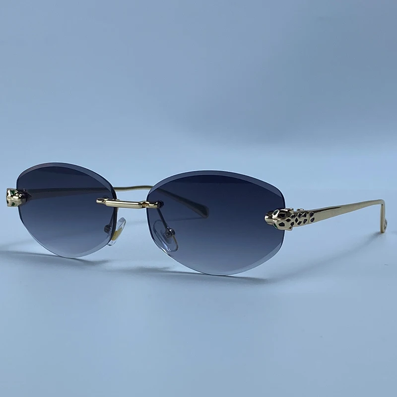 Rimless Hexagon Punk Sunglasses Women 2026 Luxury Designer Gold Leopard Head Outdoor Oval Sun Glasses Female Black Trendy Shades