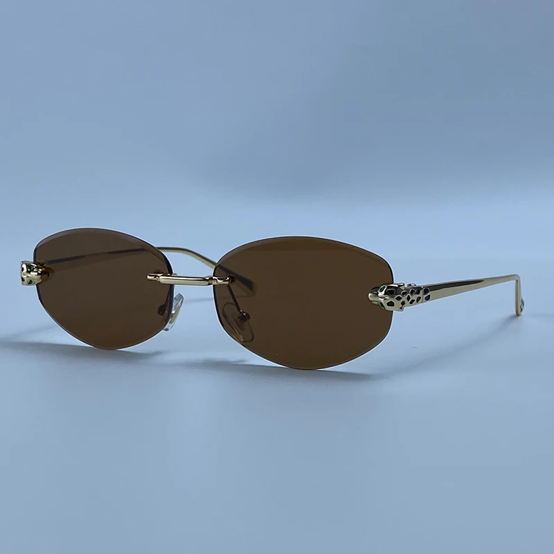 Rimless Hexagon Punk Sunglasses Women 2026 Luxury Designer Gold Leopard Head Outdoor Oval Sun Glasses Female Black Trendy Shades