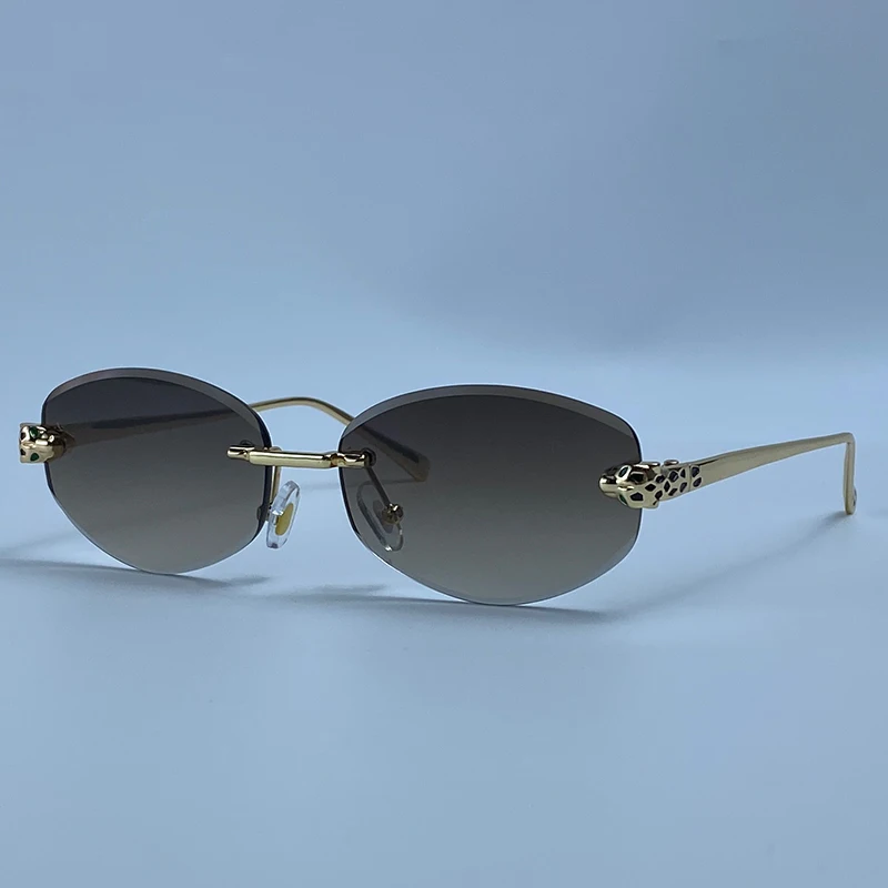 Rimless Hexagon Punk Sunglasses Women 2026 Luxury Designer Gold Leopard Head Outdoor Oval Sun Glasses Female Black Trendy Shades