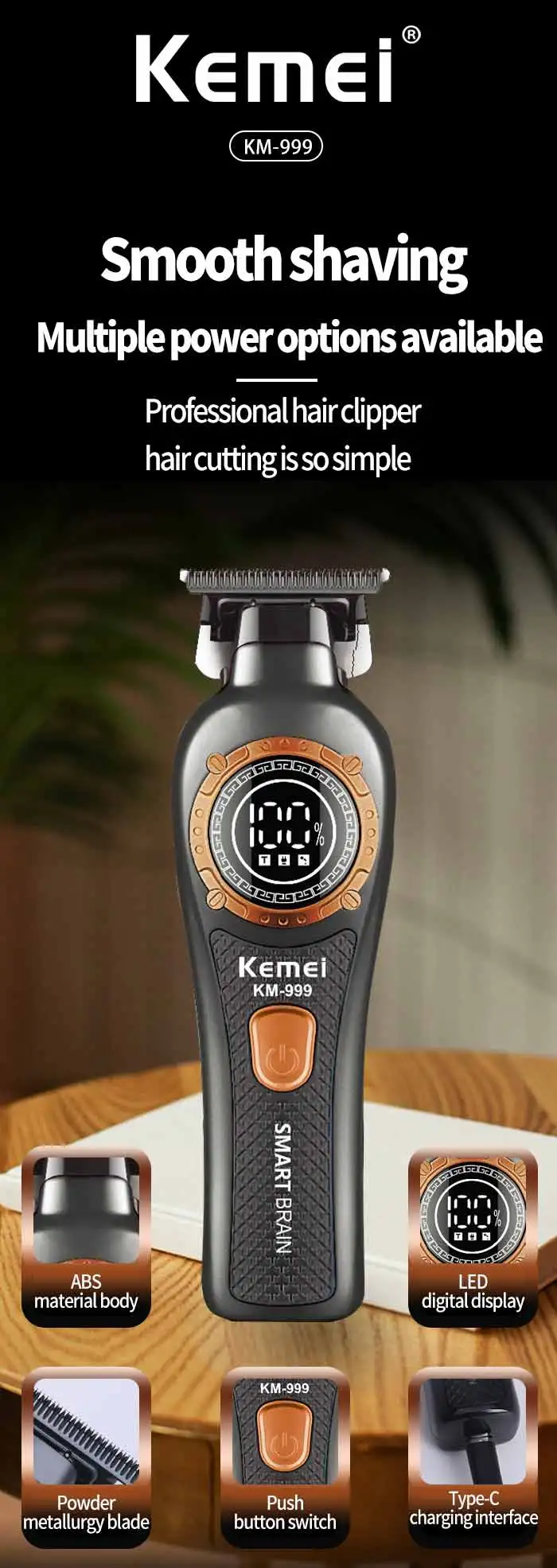 Kemei 999 Electric Hair Cut Machine Digital Display Hair Clipper Professional Cordless Precision Adjustment Trimmer Shaver Hair