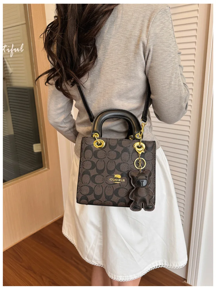 Luxury Women Bag 2026 New Vintage Classic Monogram Handbag Fashion Designer Ladies Tote Crossbody Bag with Bear Charm