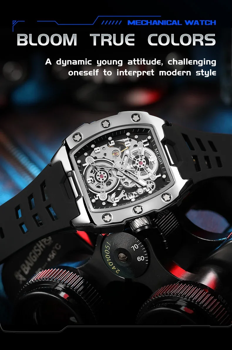MEGIR 8602 Fashion Orange Automatic Watch Men Waterproof Luminous Mechanical Wristwatch with Tonneau Hollow Dial Silicone Strap
