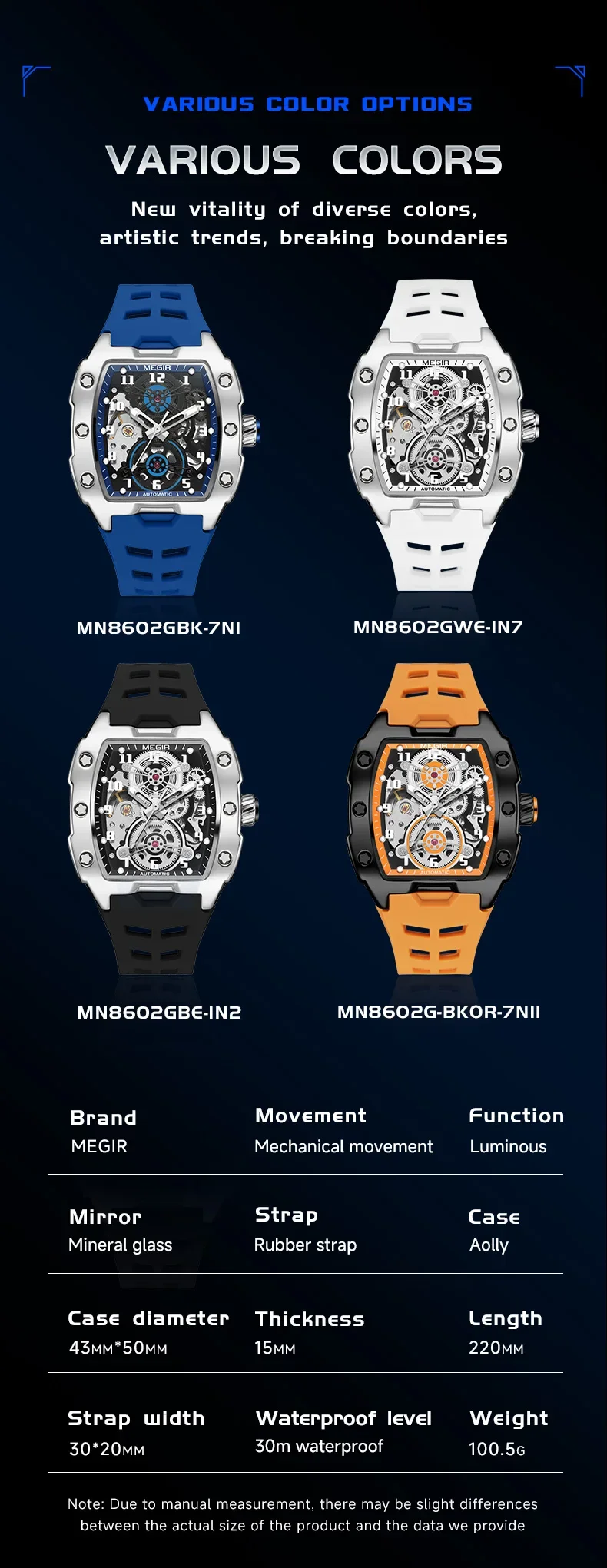 MEGIR 8602 Fashion Orange Automatic Watch Men Waterproof Luminous Mechanical Wristwatch with Tonneau Hollow Dial Silicone Strap