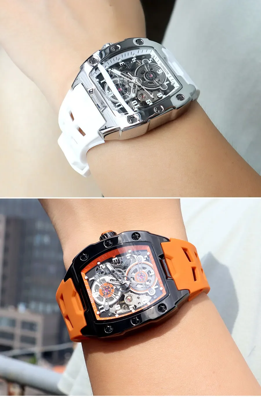 MEGIR 8602 Fashion Orange Automatic Watch Men Waterproof Luminous Mechanical Wristwatch with Tonneau Hollow Dial Silicone Strap
