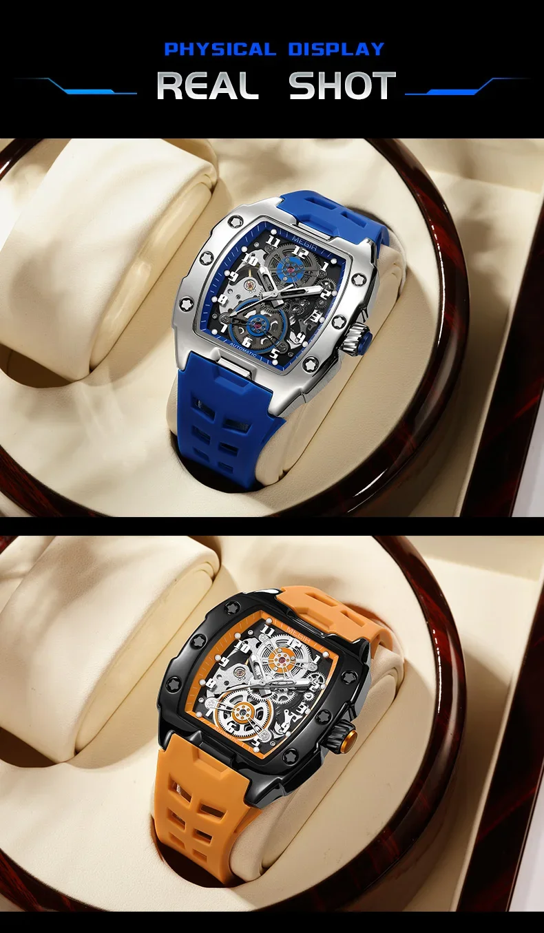 MEGIR 8602 Fashion Orange Automatic Watch Men Waterproof Luminous Mechanical Wristwatch with Tonneau Hollow Dial Silicone Strap