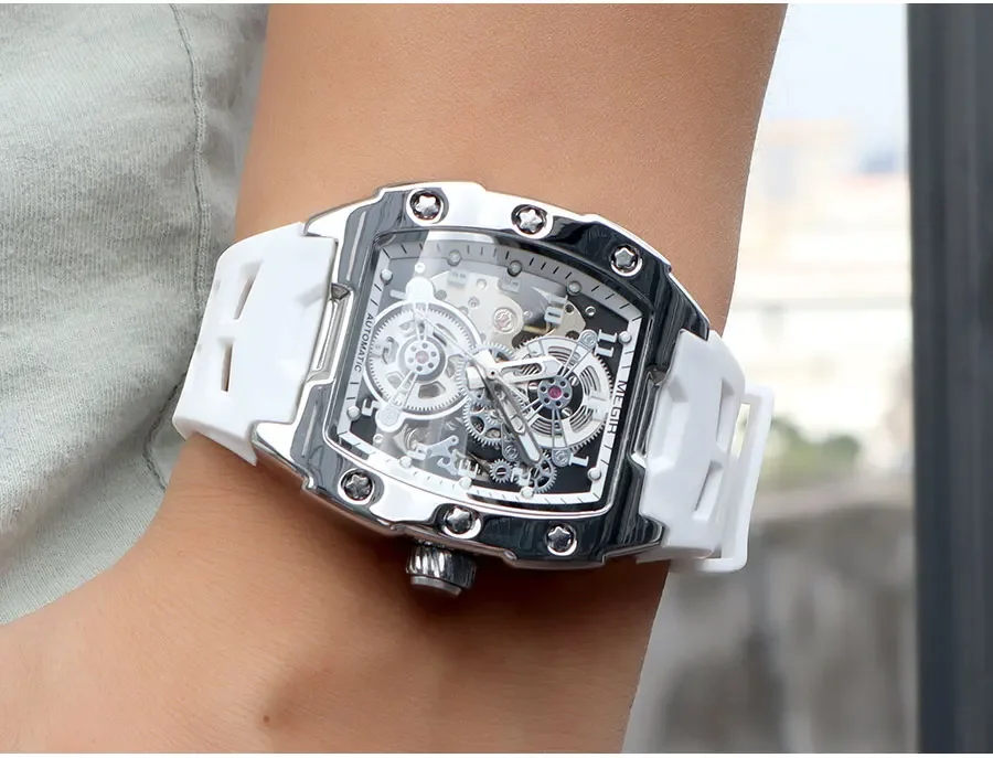 MEGIR 8602 Fashion Orange Automatic Watch Men Waterproof Luminous Mechanical Wristwatch with Tonneau Hollow Dial Silicone Strap