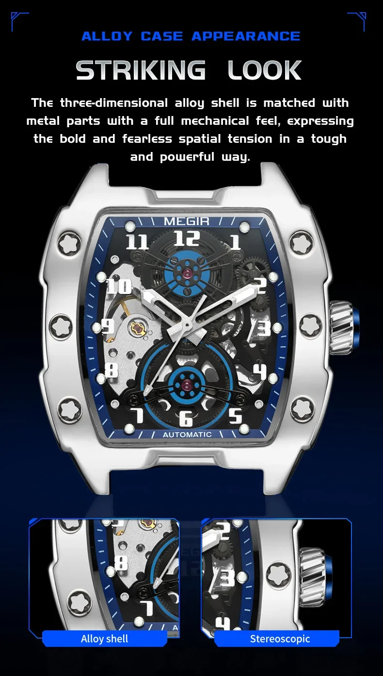 MEGIR 8602 Fashion Orange Automatic Watch Men Waterproof Luminous Mechanical Wristwatch with Tonneau Hollow Dial Silicone Strap