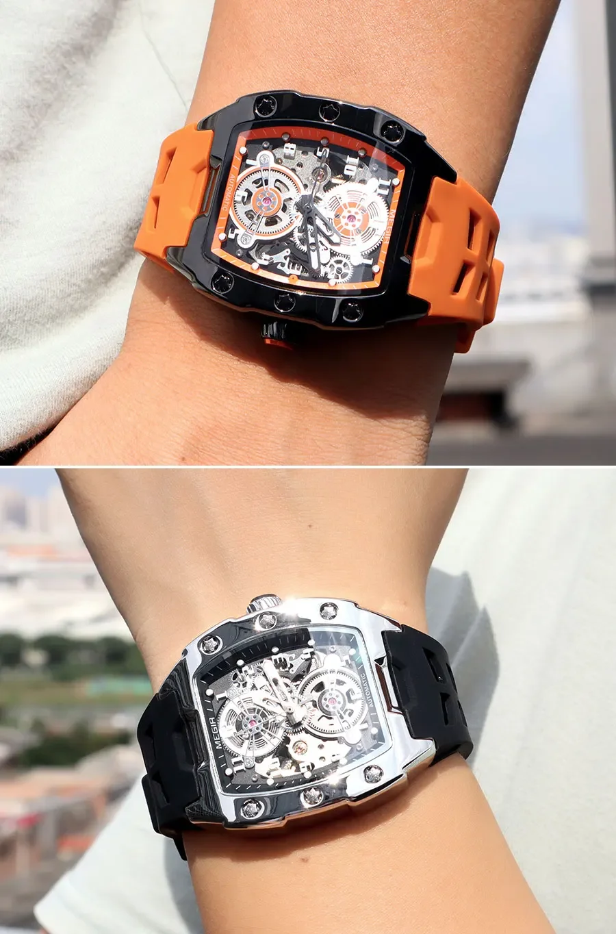 MEGIR 8602 Fashion Orange Automatic Watch Men Waterproof Luminous Mechanical Wristwatch with Tonneau Hollow Dial Silicone Strap