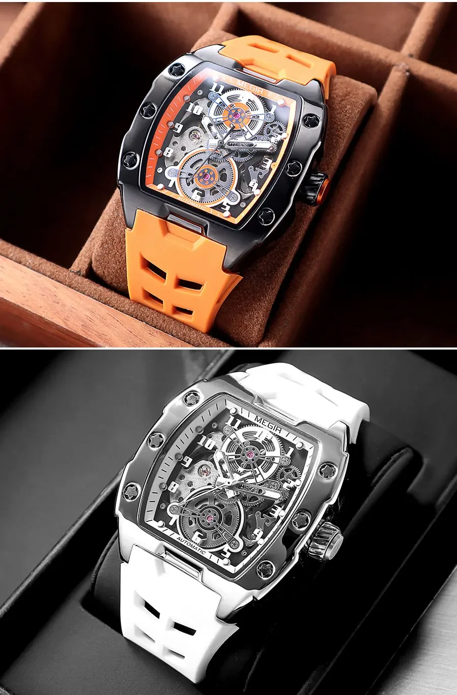 MEGIR 8602 Fashion Orange Automatic Watch Men Waterproof Luminous Mechanical Wristwatch with Tonneau Hollow Dial Silicone Strap