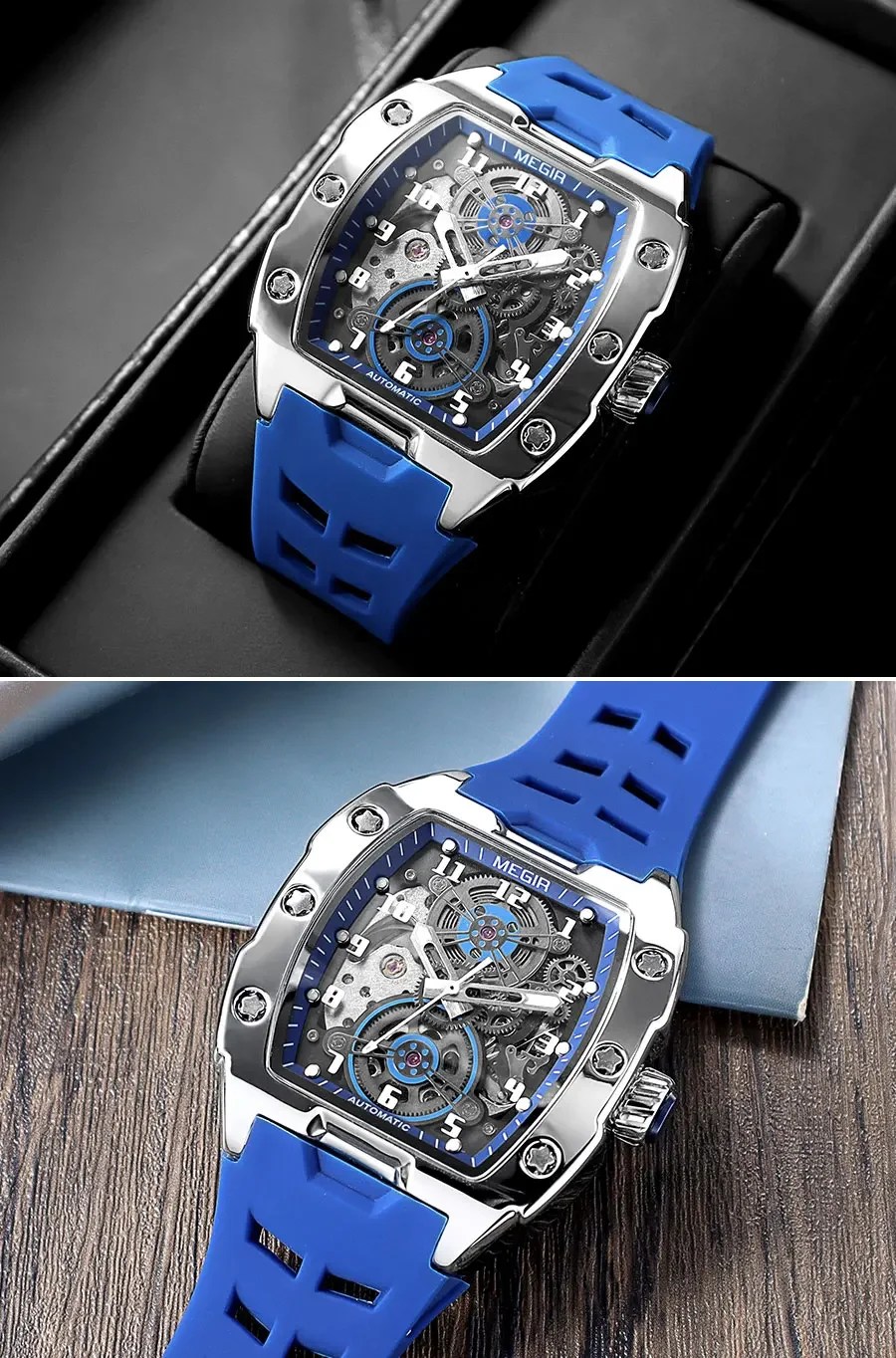 MEGIR 8602 Fashion Orange Automatic Watch Men Waterproof Luminous Mechanical Wristwatch with Tonneau Hollow Dial Silicone Strap
