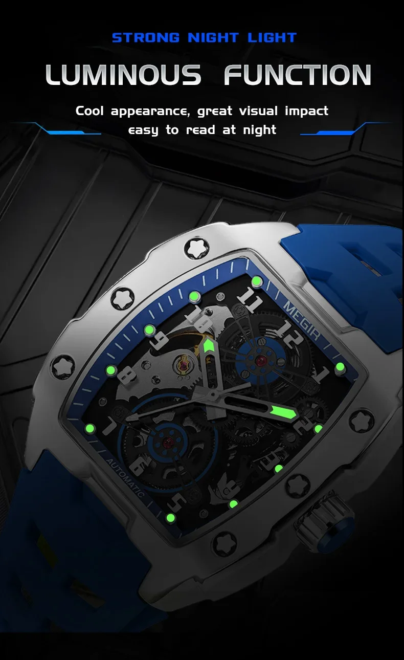 MEGIR 8602 Fashion Orange Automatic Watch Men Waterproof Luminous Mechanical Wristwatch with Tonneau Hollow Dial Silicone Strap