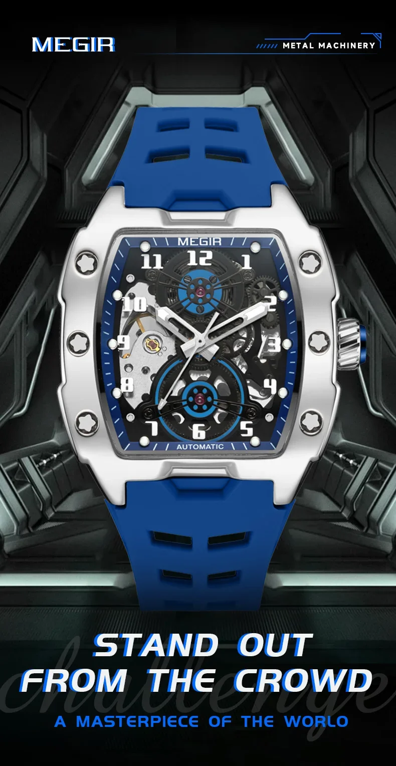 MEGIR 8602 Fashion Orange Automatic Watch Men Waterproof Luminous Mechanical Wristwatch with Tonneau Hollow Dial Silicone Strap