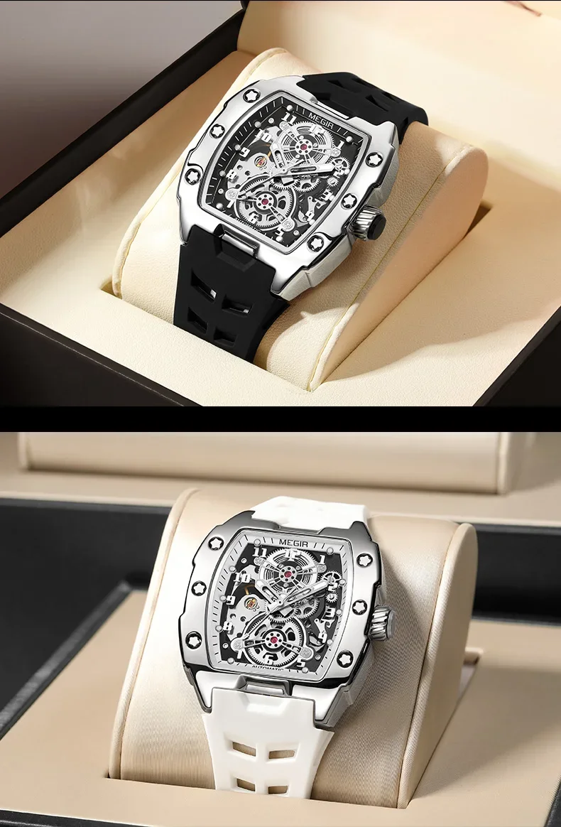 MEGIR 8602 Fashion Orange Automatic Watch Men Waterproof Luminous Mechanical Wristwatch with Tonneau Hollow Dial Silicone Strap