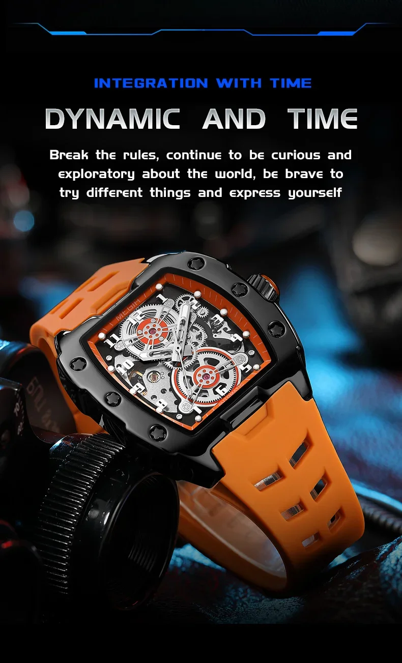 MEGIR 8602 Fashion Orange Automatic Watch Men Waterproof Luminous Mechanical Wristwatch with Tonneau Hollow Dial Silicone Strap
