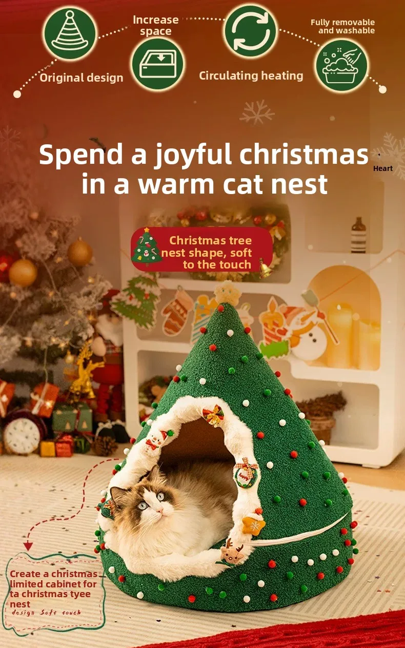 ZHAYA DIY Christmas Tree Cat House Winter Warm Semi Enclosed Tent Bed Washable Foldable Plush for Cats Dogs Four Seasons Use