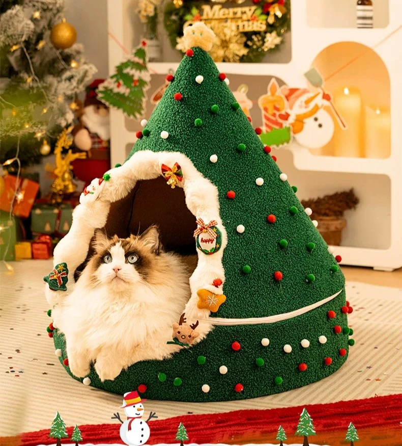 ZHAYA DIY Christmas Tree Cat House Winter Warm Semi Enclosed Tent Bed Washable Foldable Plush for Cats Dogs Four Seasons Use