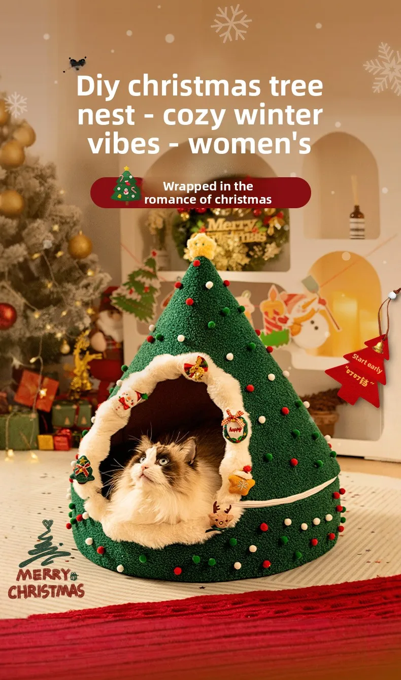 ZHAYA DIY Christmas Tree Cat House Winter Warm Semi Enclosed Tent Bed Washable Foldable Plush for Cats Dogs Four Seasons Use