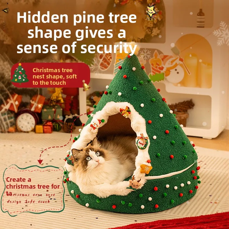 ZHAYA DIY Christmas Tree Cat House Winter Warm Semi Enclosed Tent Bed Washable Foldable Plush for Cats Dogs Four Seasons Use