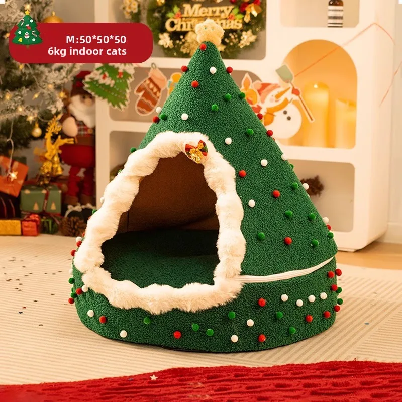 ZHAYA DIY Christmas Tree Cat House Winter Warm Semi Enclosed Tent Bed Washable Foldable Plush for Cats Dogs Four Seasons Use
