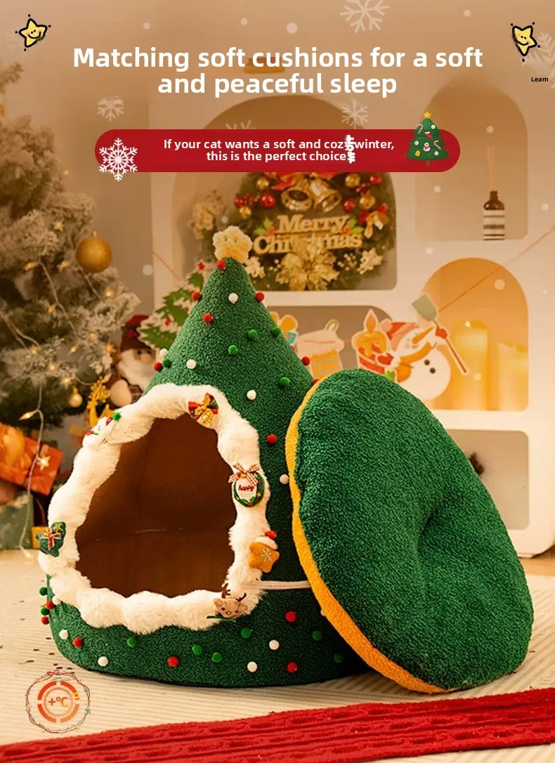 ZHAYA DIY Christmas Tree Cat House Winter Warm Semi Enclosed Tent Bed Washable Foldable Plush for Cats Dogs Four Seasons Use